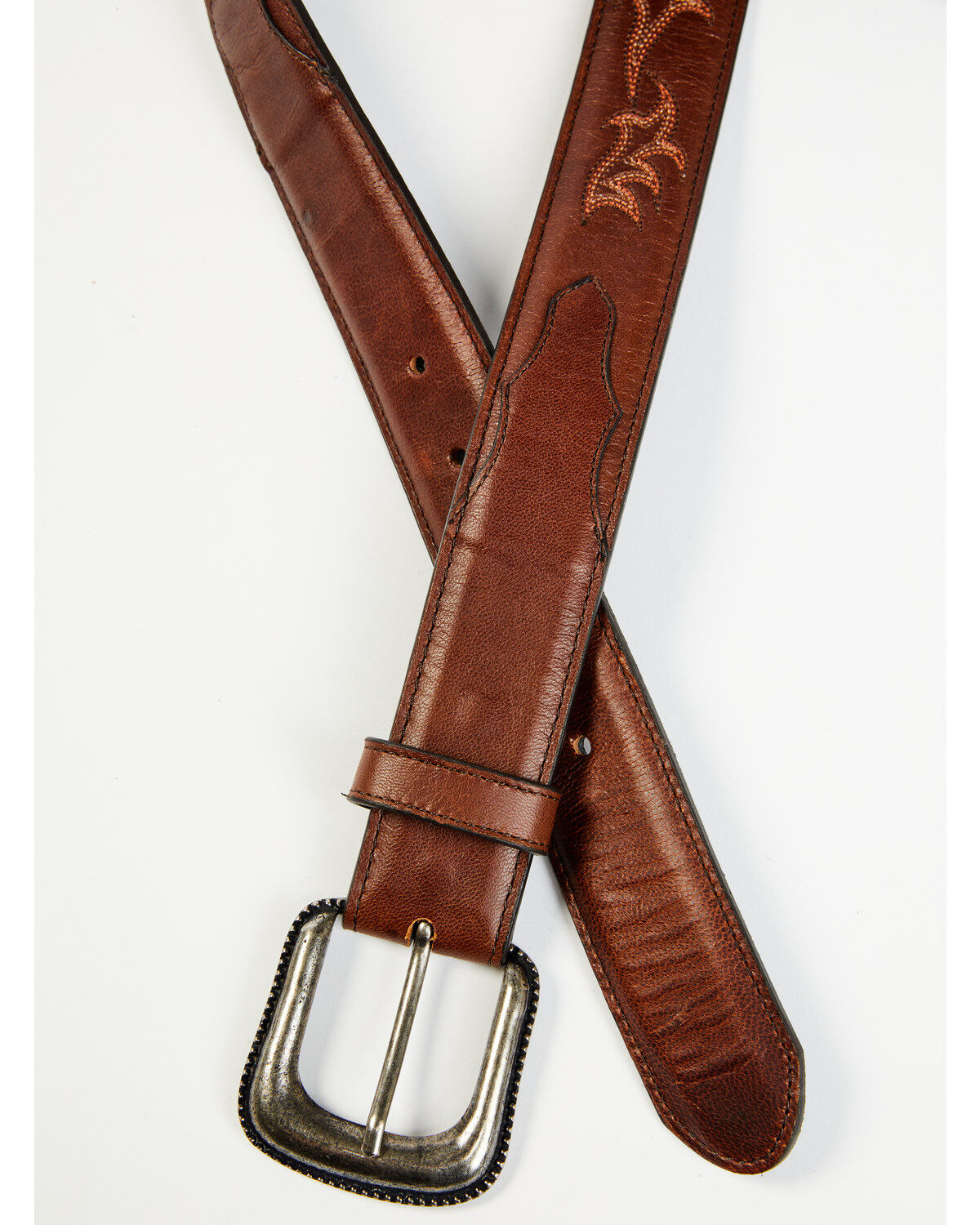 Moonshine Spirit Men's Brown Western Red & Orange Stitch Leather Belt