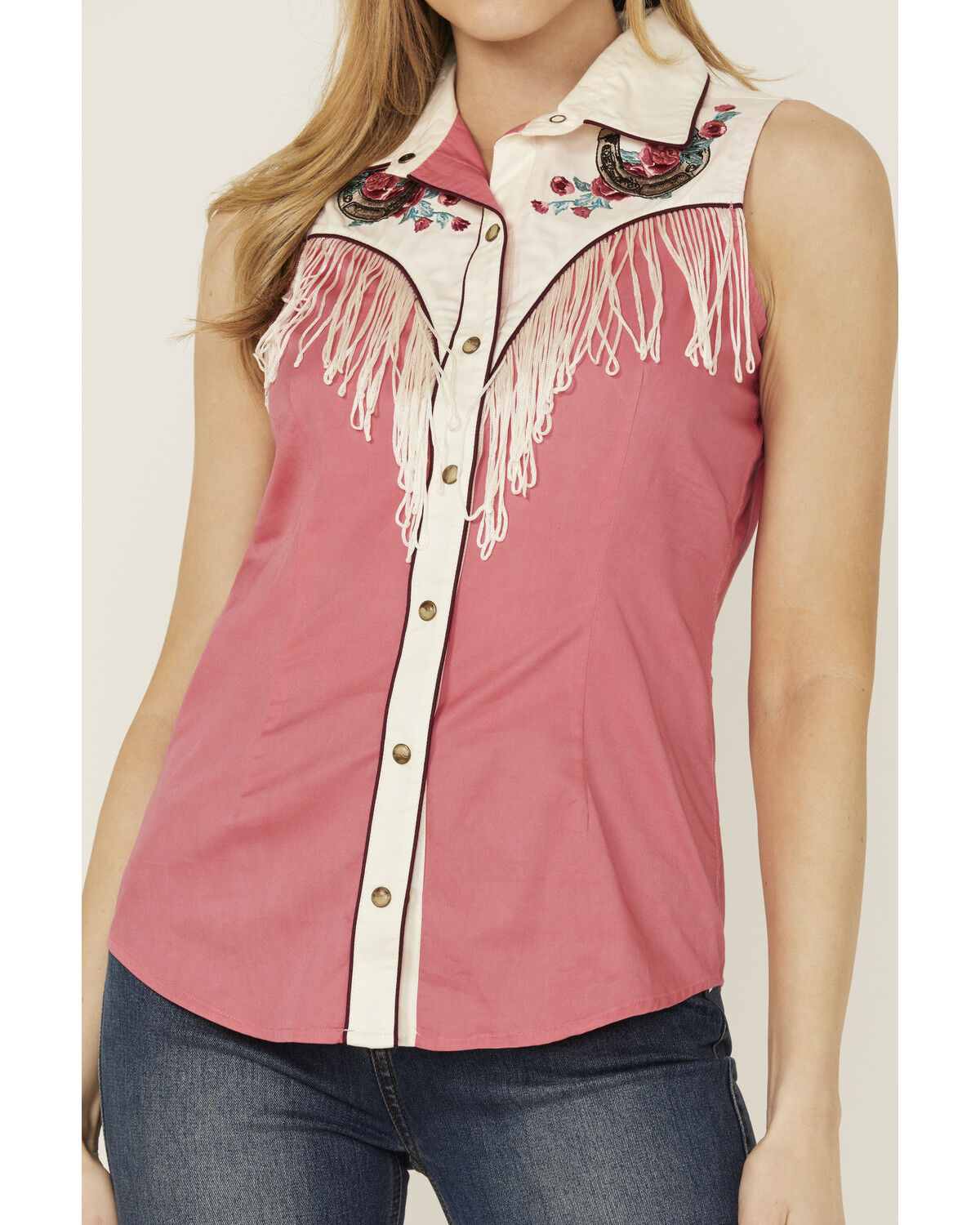 Rock & Roll Denim Women's Horseshoe Floral Fringe Sleeveless Snap Western Shirt