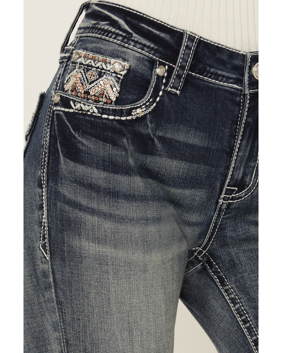 Grace in LA Women's Medium Wash Mid Rise Geo Pocket Bootcut Stretch Denim Jeans