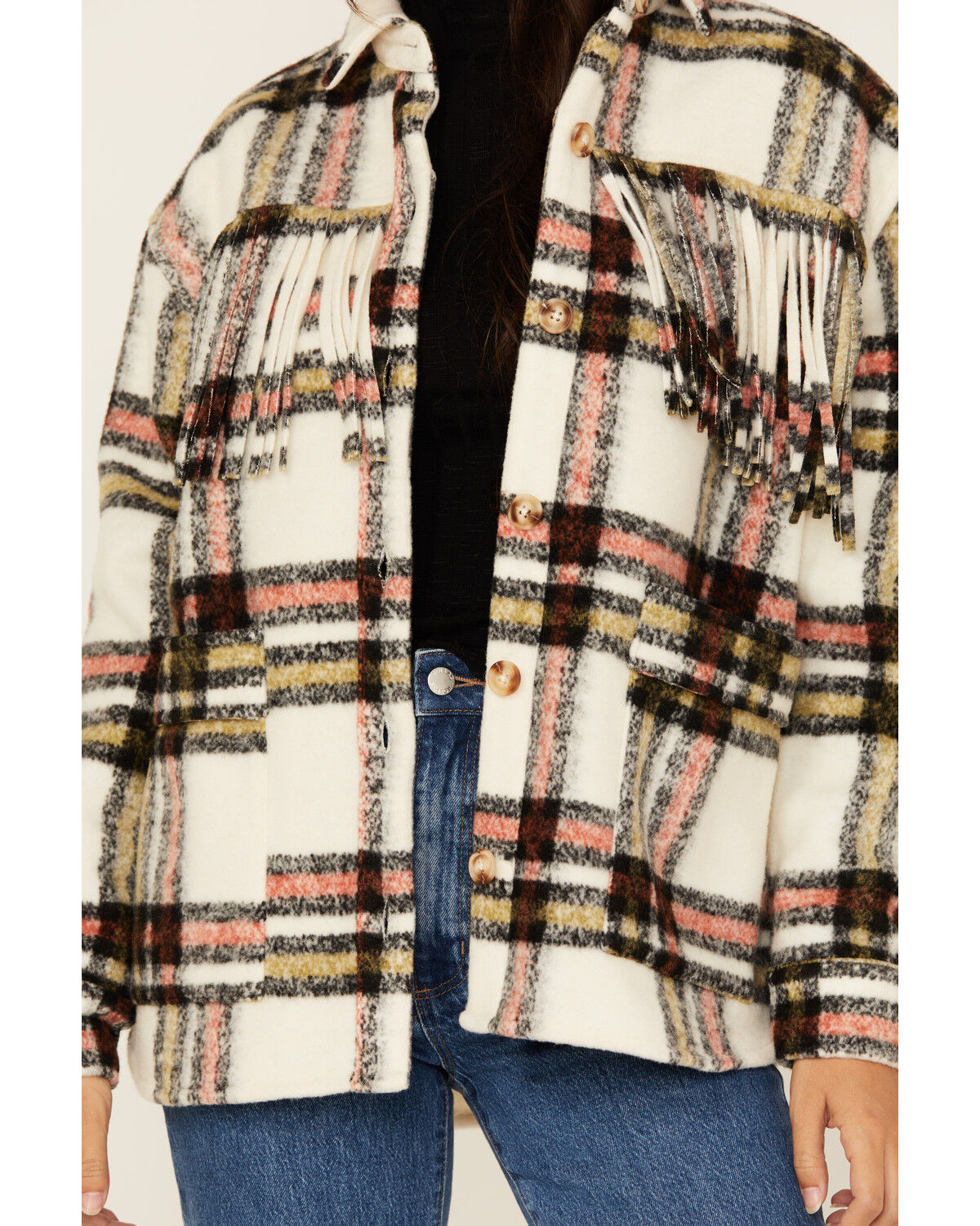 Rock & Roll Denim Women's Plaid Print Fringe Shacket