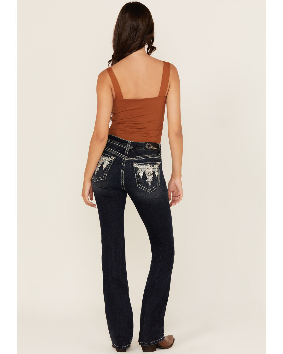 Grace In LA Women's Dark Wash Geo Print Embroidered Mid Rise Bootcut Stretch Denim Jeans