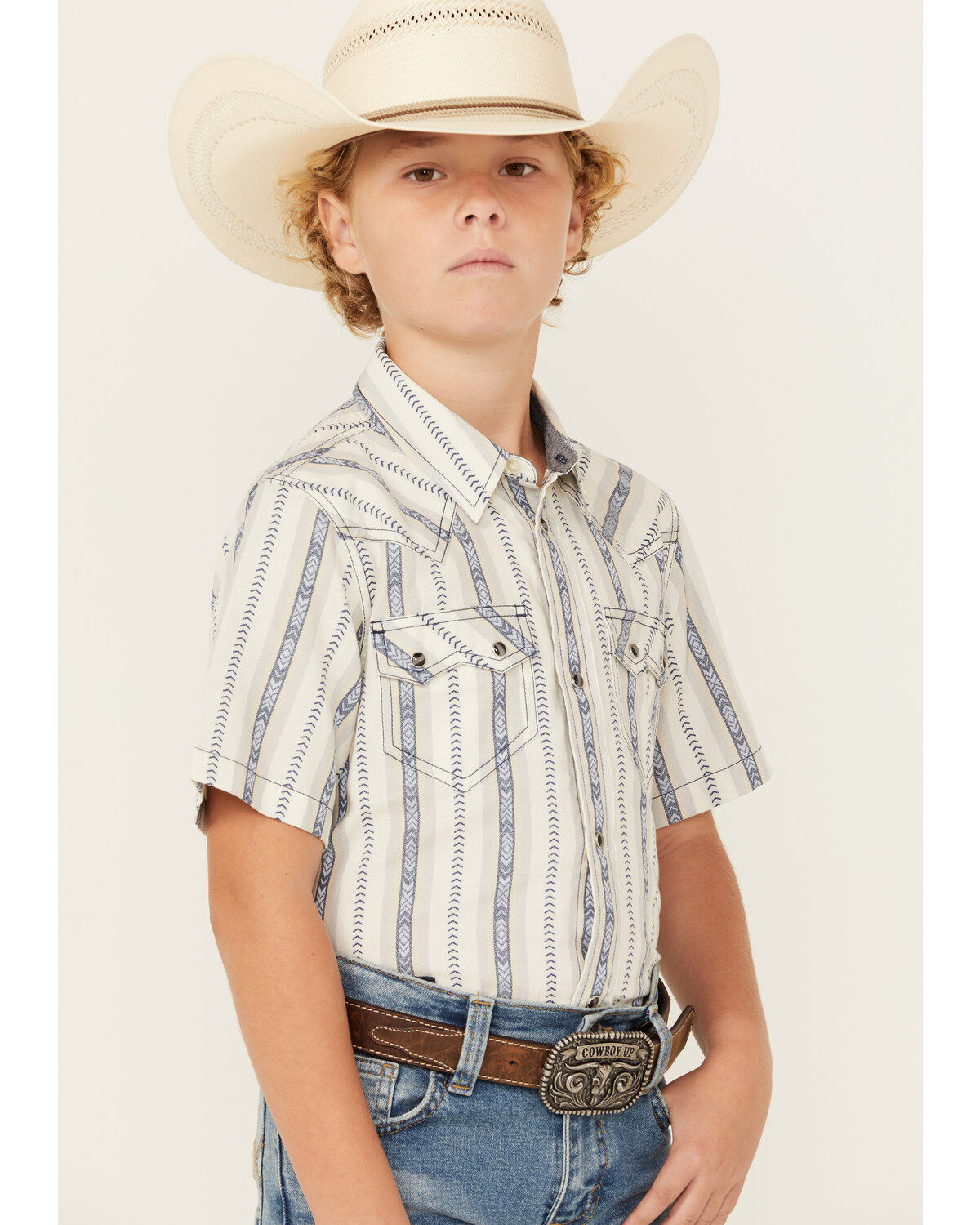 Cody James Boys' Southwestern Dobby Striped Short Sleeve Snap Western Shirt