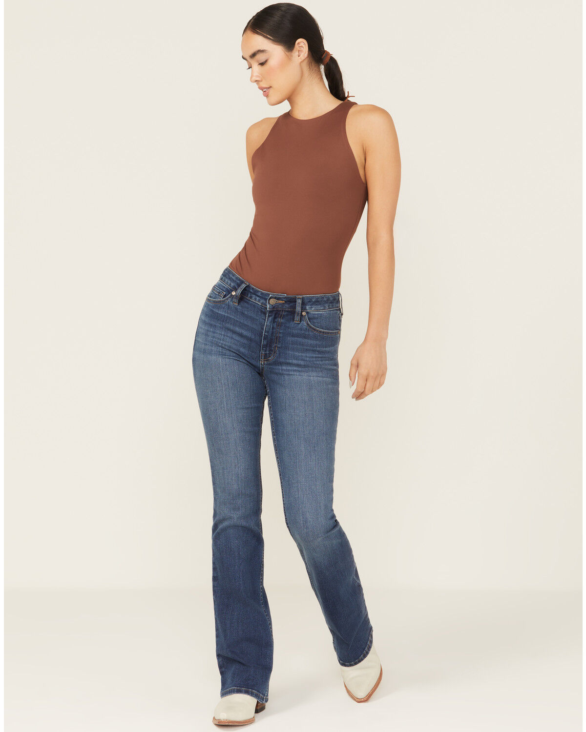 Shyanne Women's Aria Medium Wash Mid Rise Bootcut Stretch Denim Jeans