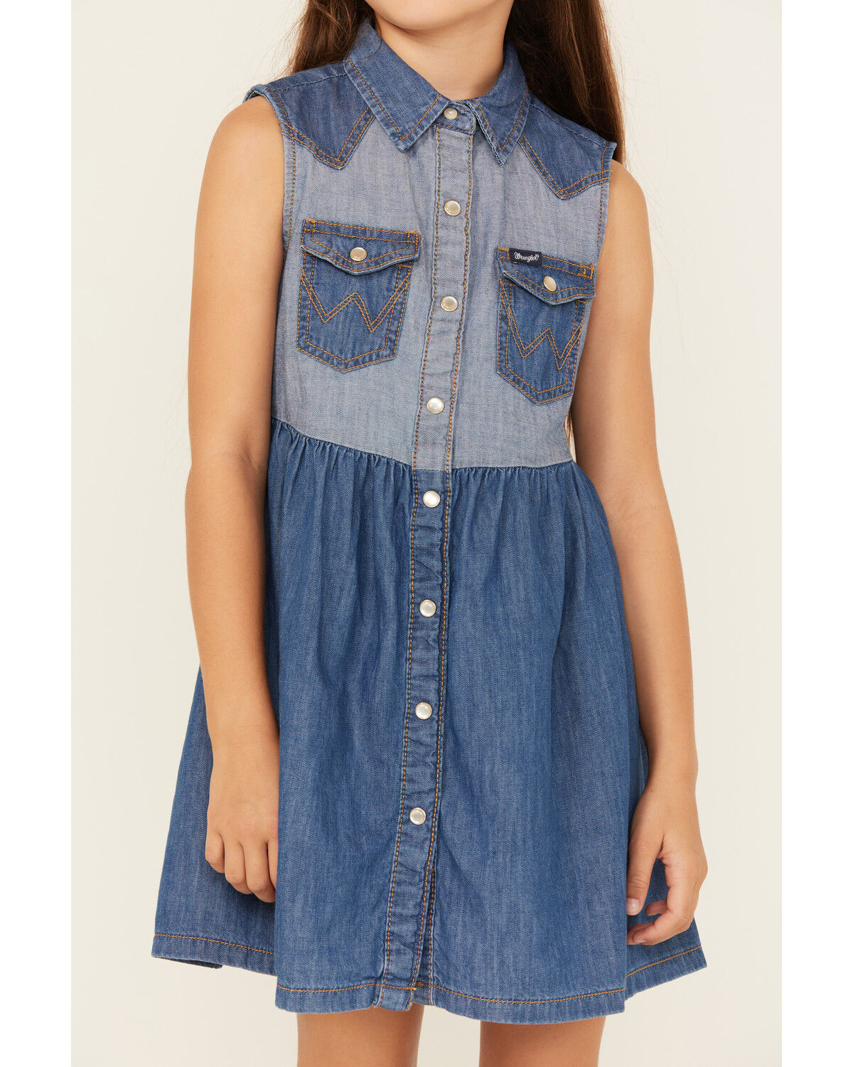 Wrangler Girls' Two-Tone Denim Sleeveless Snap Dress