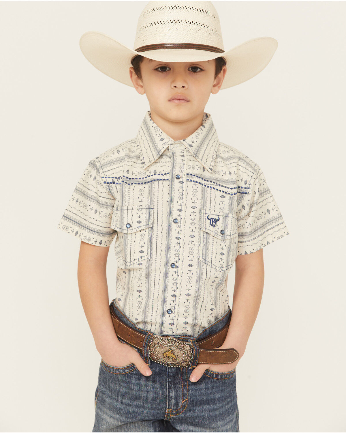 Cowboy Hardware Boys' Stripe Southwestern Print Short Sleeve Snap Stretch Western Shirt