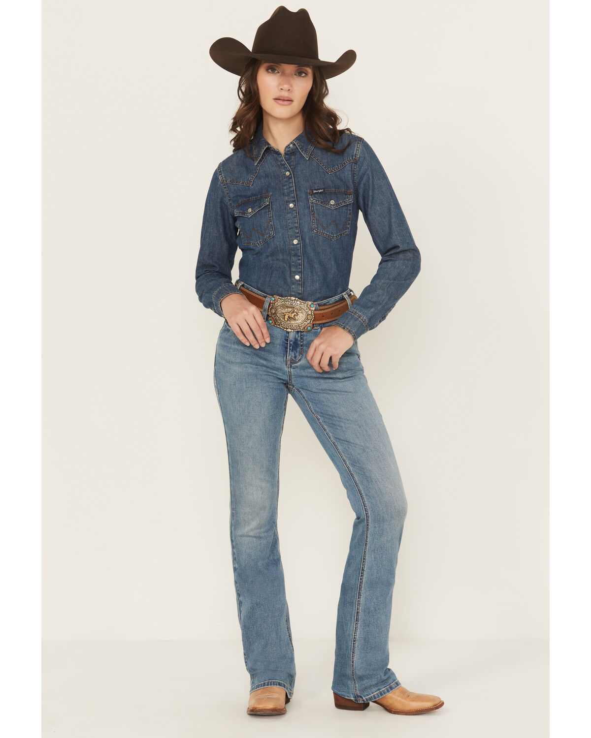 Rock & Roll Denim Women's Medium Wash Mid Rise Boot Stitch Bootcut Stretch Denim Jeans