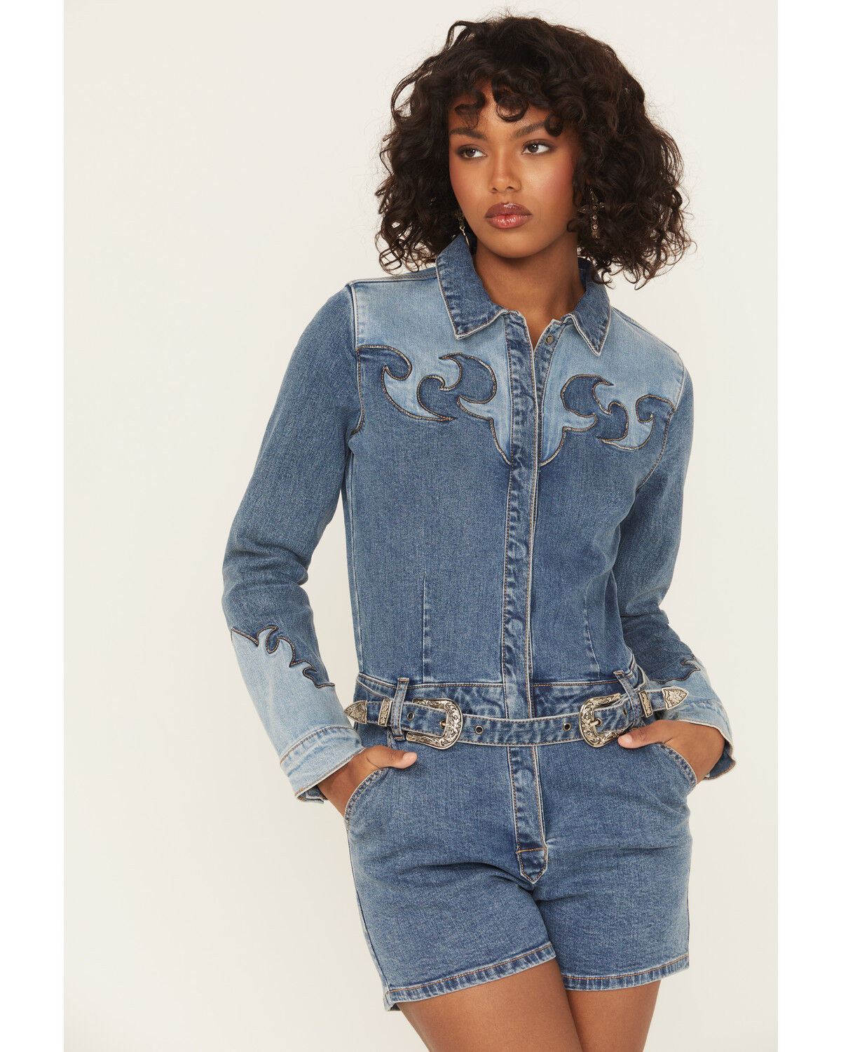 Rock & Roll Denim Women's Medium Wash Long Sleeve Snap Stretch Denim Romper