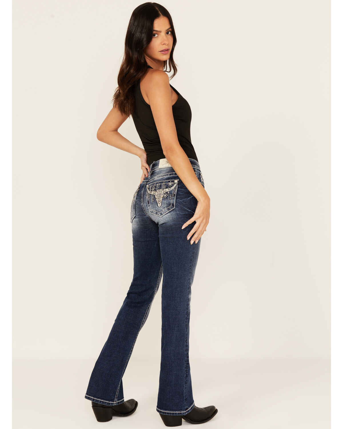 Miss Me Women's Dark Wash Mid Rise Steer Head Pocket Bootcut Stretch Denim Jeans