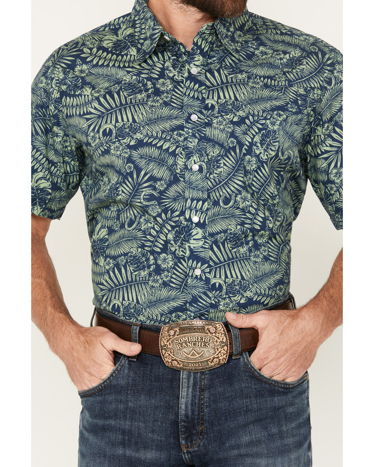 Roper Men's West Made Leaf and Horseshoe Print Short Sleeve Pearl Snap Western Shirt
