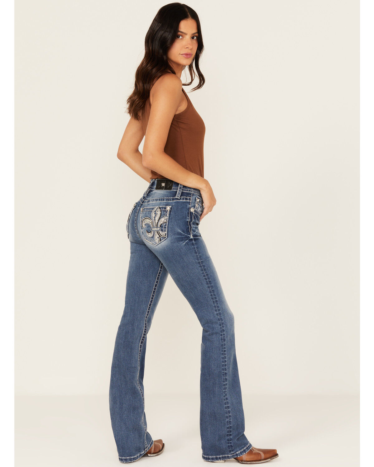 Miss Me Women's Medium Wash Mid Rise Fleur de Lis Pocket Bootcut Stretch Denim Jeans