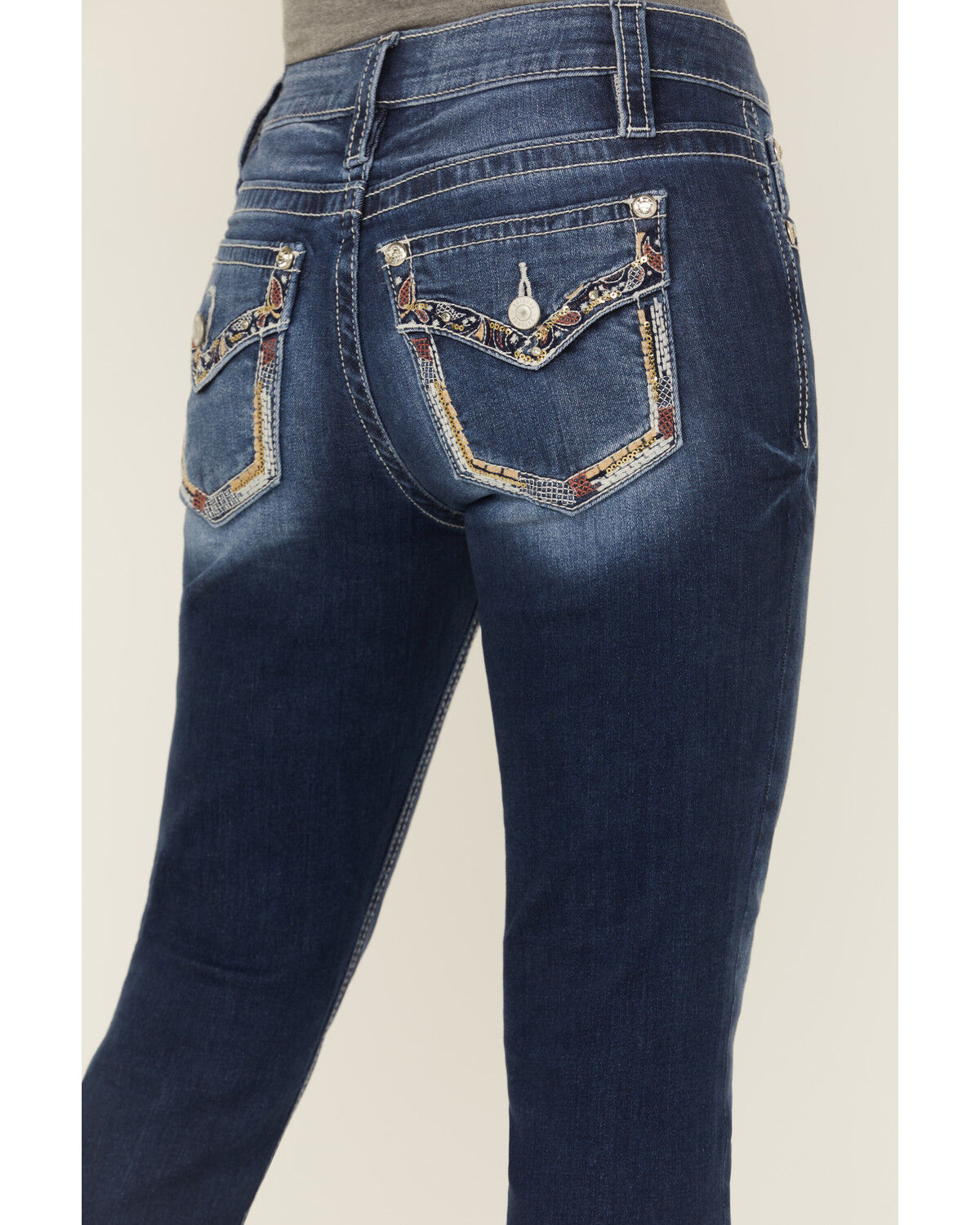 Shyanne Women's Mid Rise Dark Wash Bootcut Paisley Faux Flap Stretch Denim Jeans