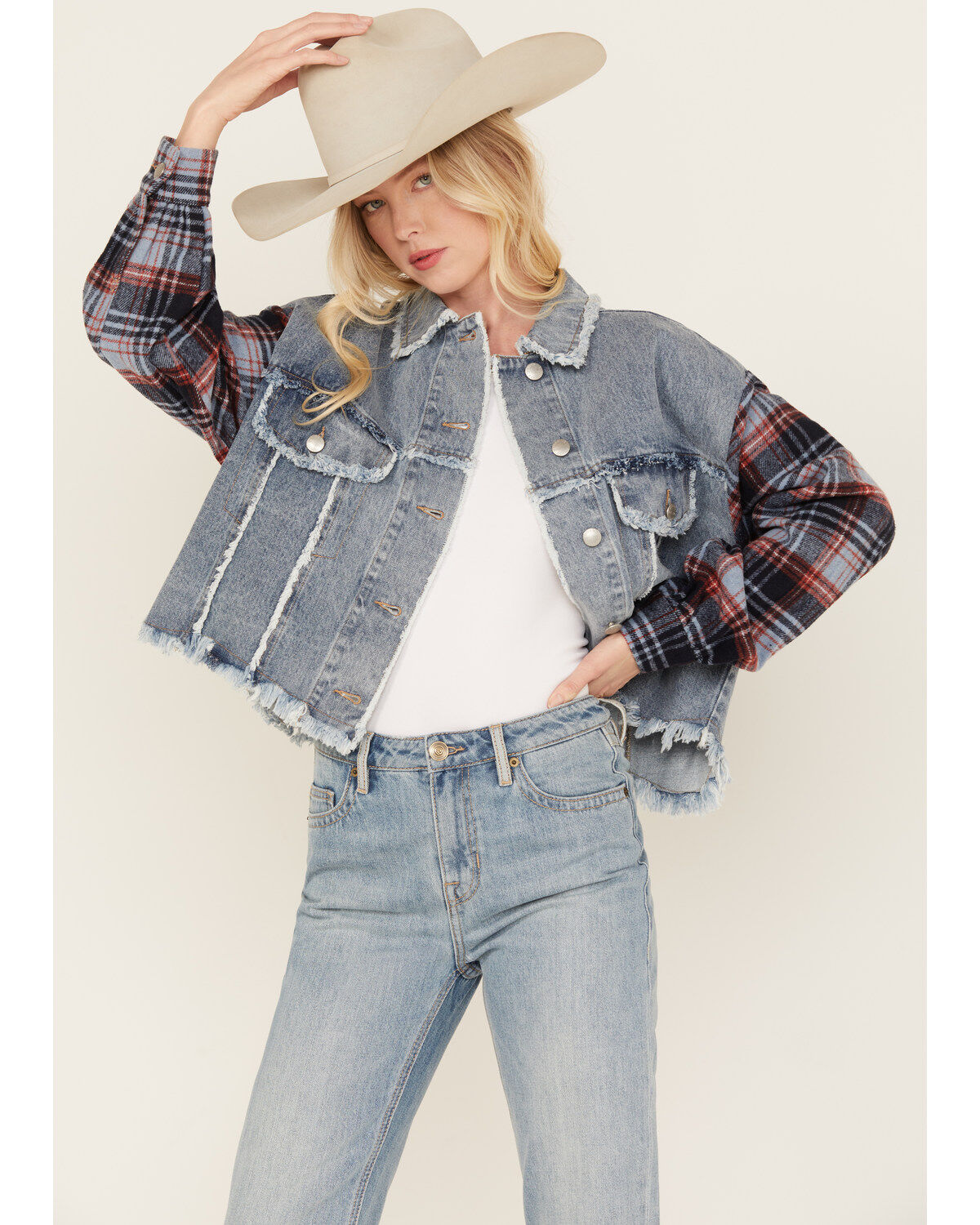 Miss Me Women's Medium Wash Denim Plaid Crochet Back Cropped Jacket