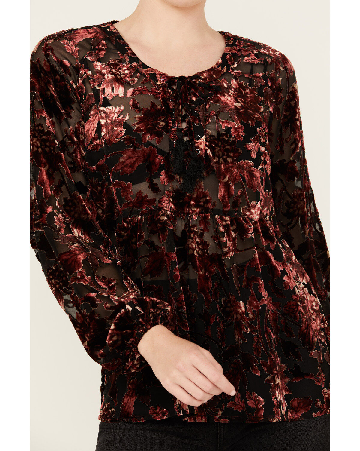 Shyanne Women's Burnout Velvet Peasant Lace-Up Top