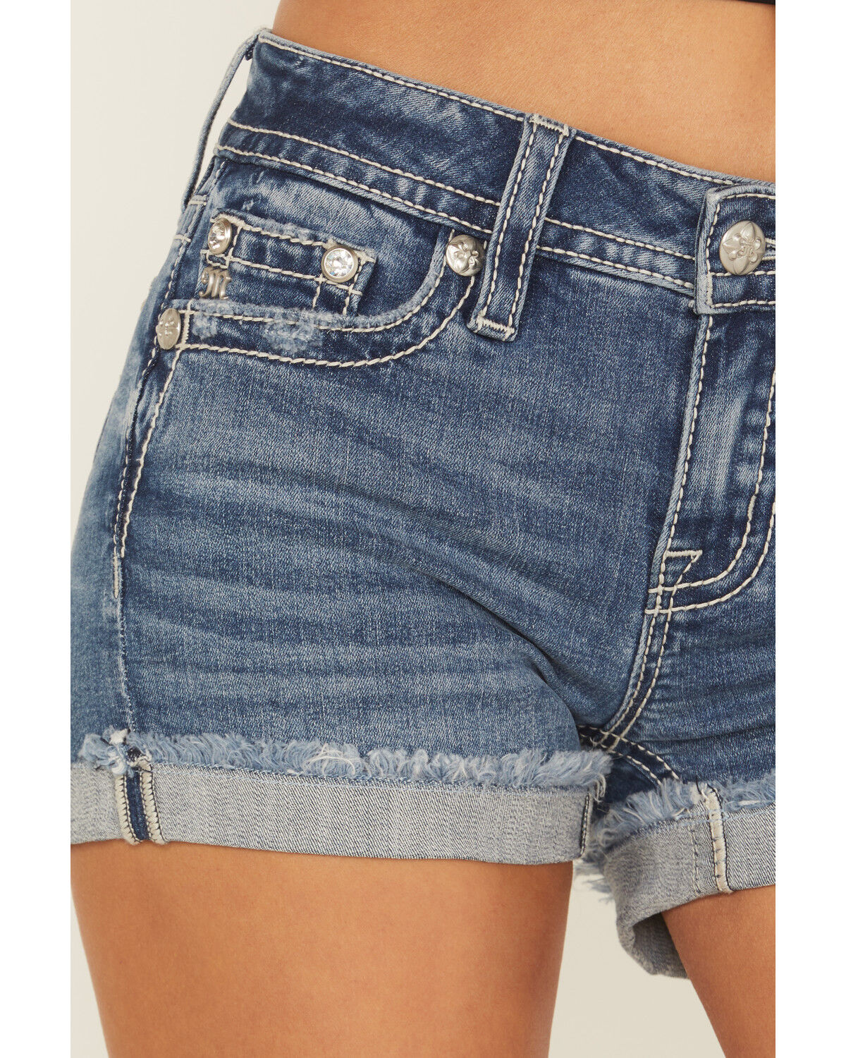 Miss Me Women's Medium Wash Mid Rise Longhorn Pocket Shorts