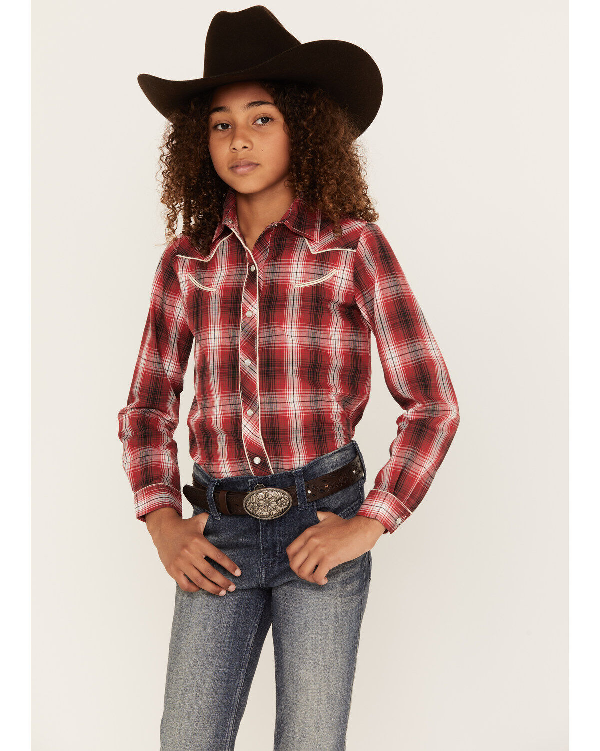 Roper Girls' Plaid Print Long Sleeve Pearl Snap Western Shirt