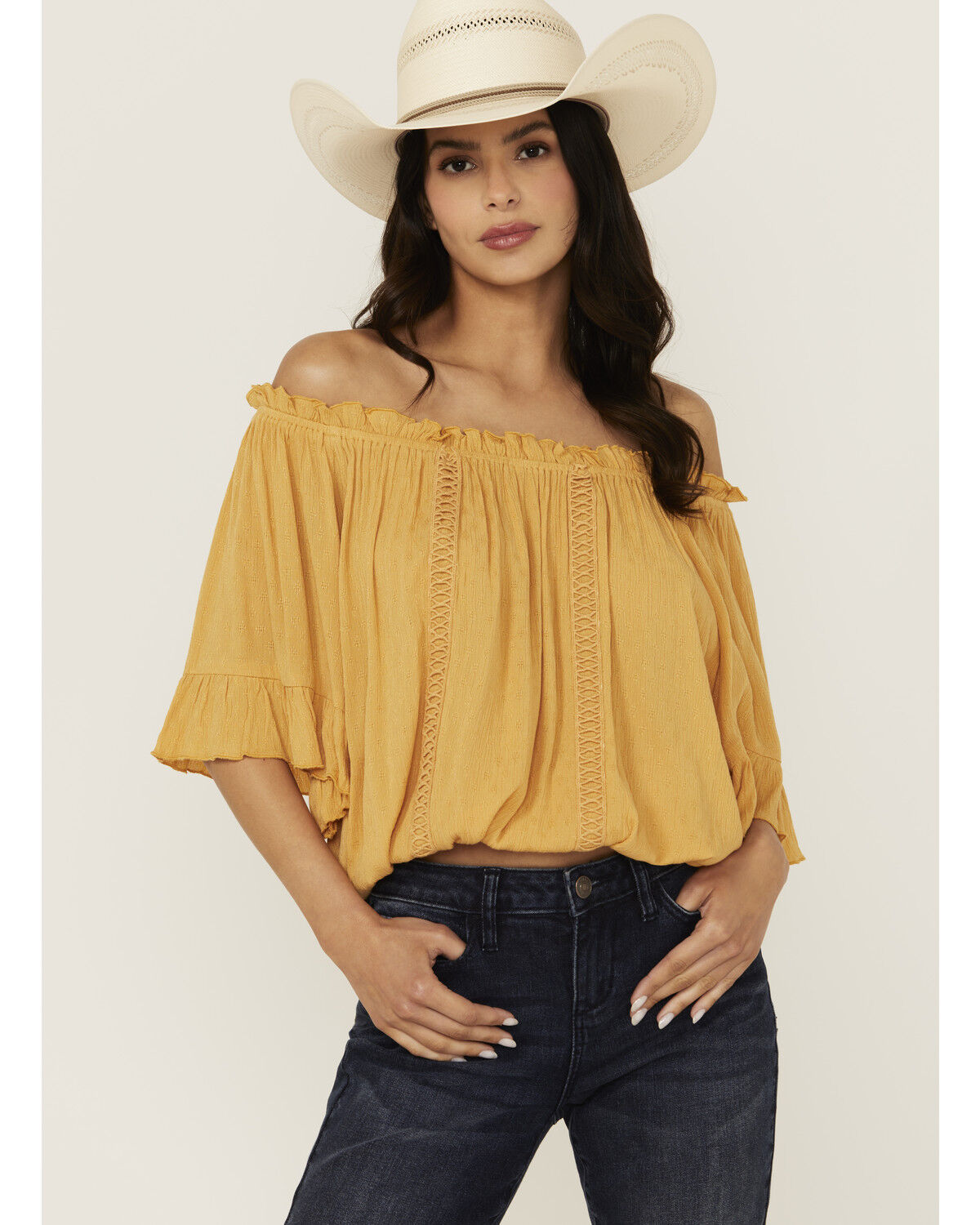 Band Of The Free Women's Solid Short Sleeve Off The Shoulder Blouse