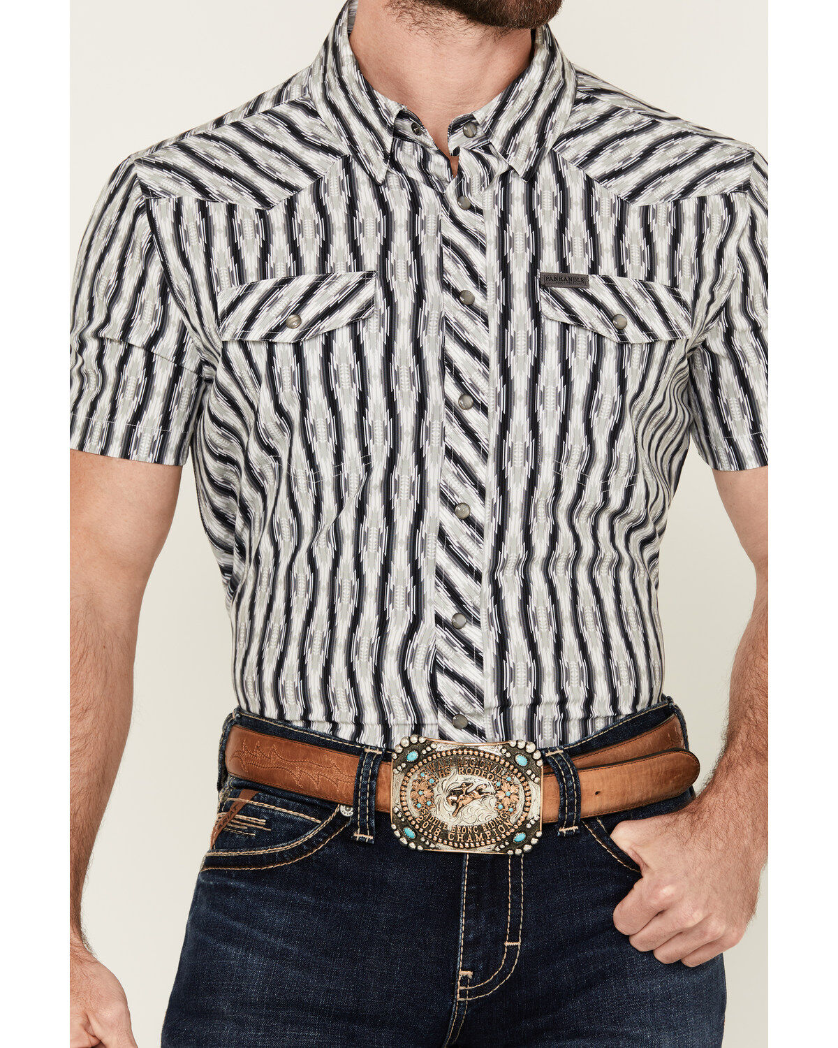 Panhandle Men's Southwestern Print Short Sleeve Snap Stretch Western Shirt