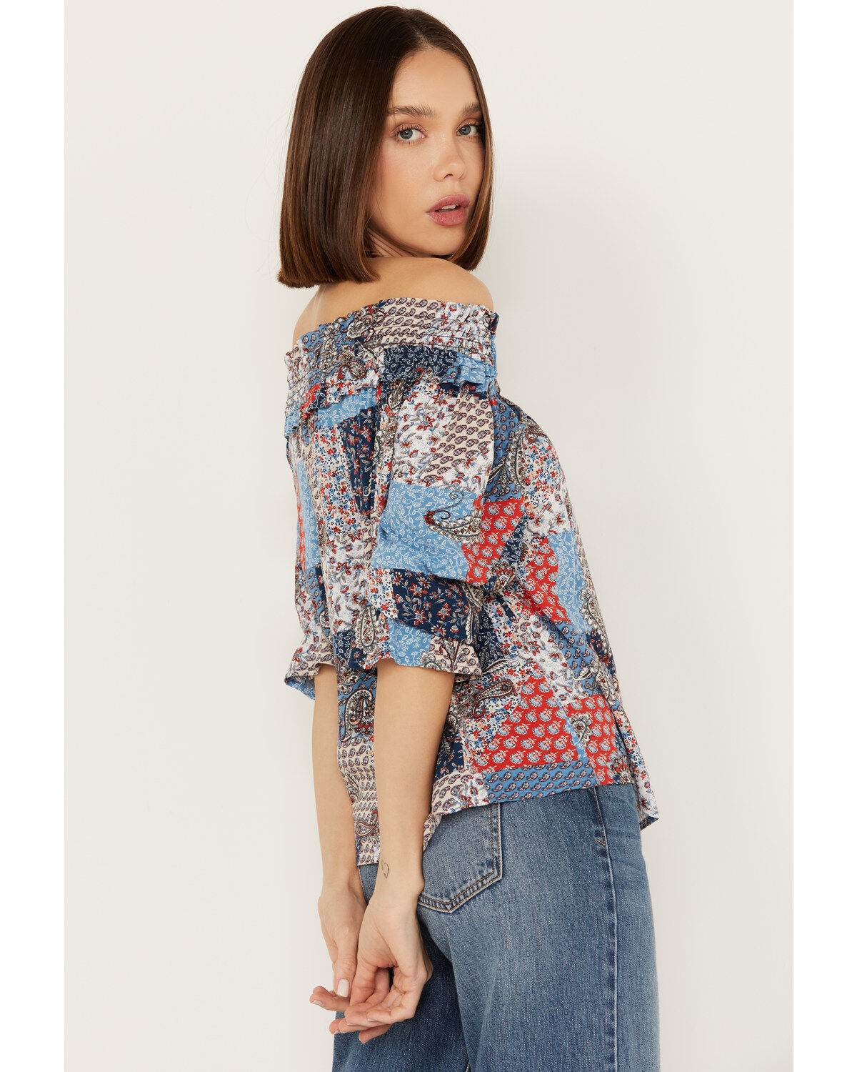 Wild Moss Women's Patchwork Print Off The Shoulder Top