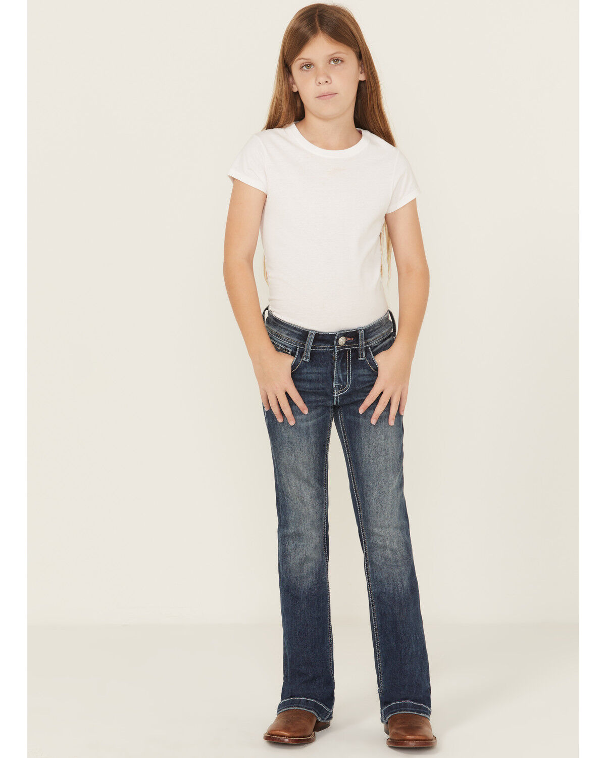 Grace In LA Girls' Floral Steerhead Embroidered Dark Wash Bootcut Stretch Denim Jeans