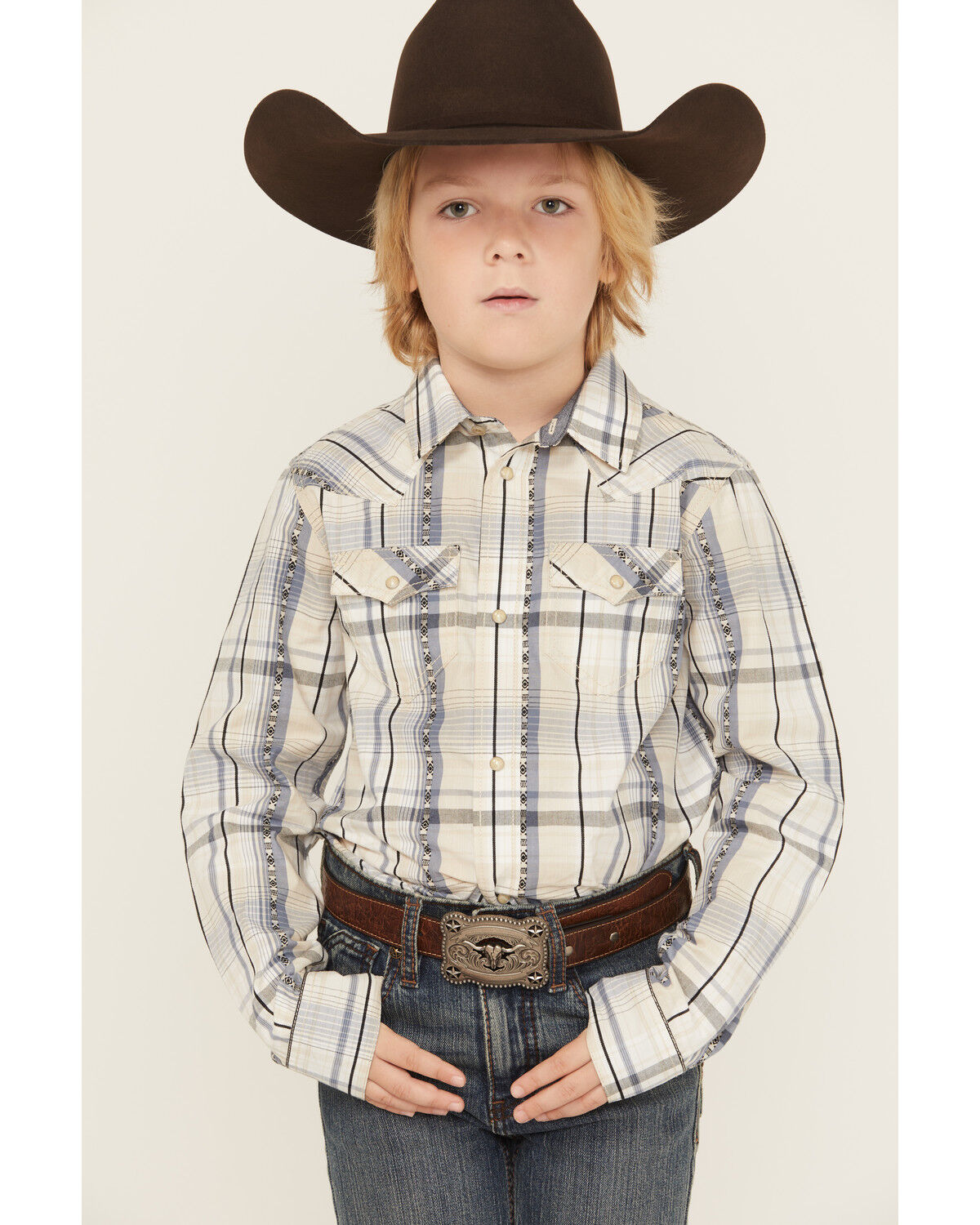 Cody James Boys' Wind Plaid Print Long Sleeve Snap Western Shirt