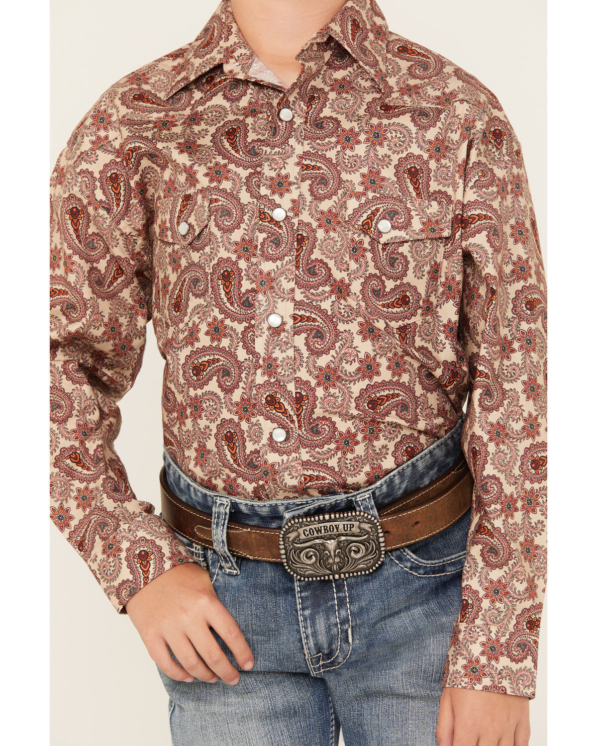 Rock & Roll Denim Boys' Paisley Print Long Sleeve Pearl Snap Stretch Western Shirt