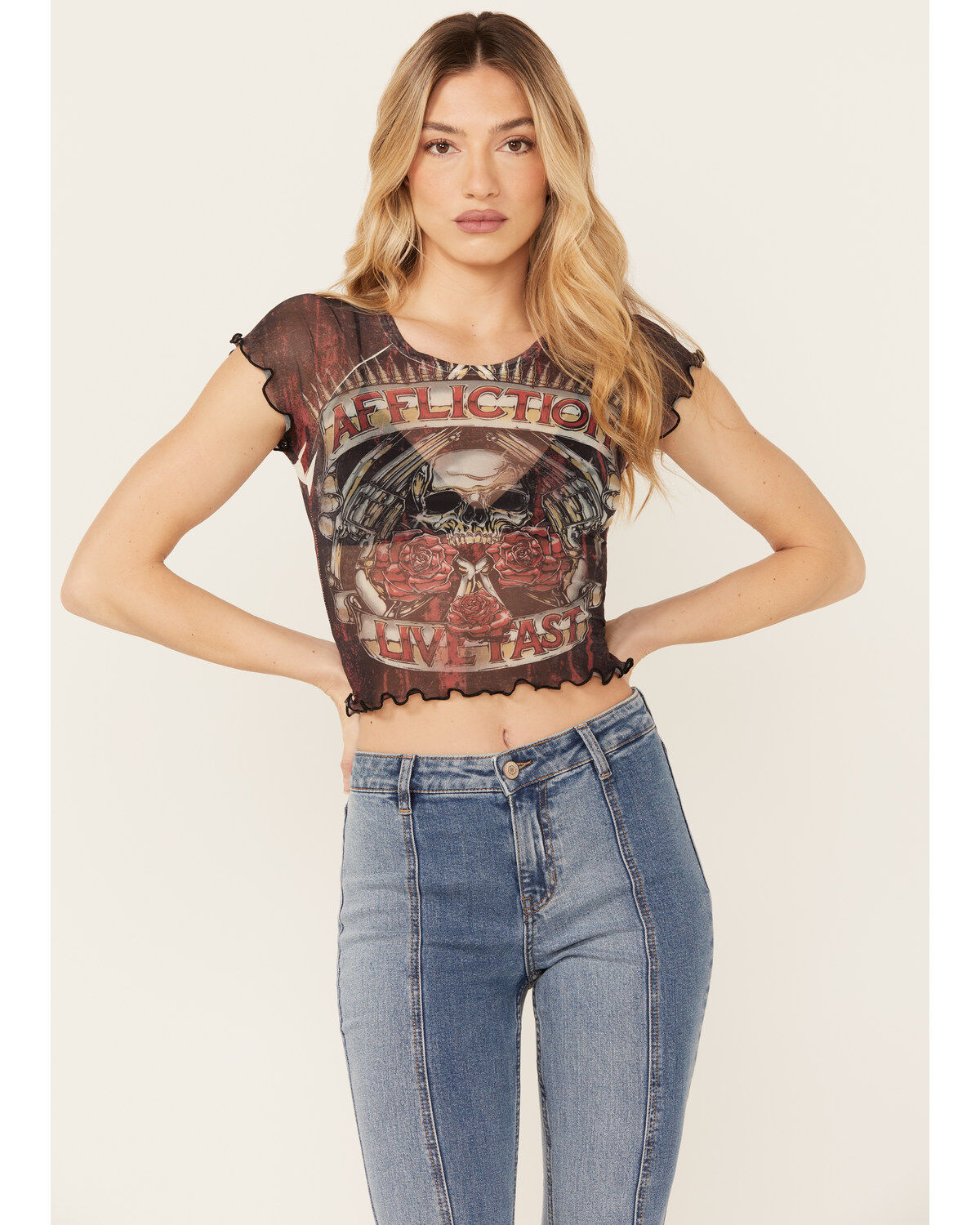 Affliction Women's Skull Mesh Baby Graphic Tee