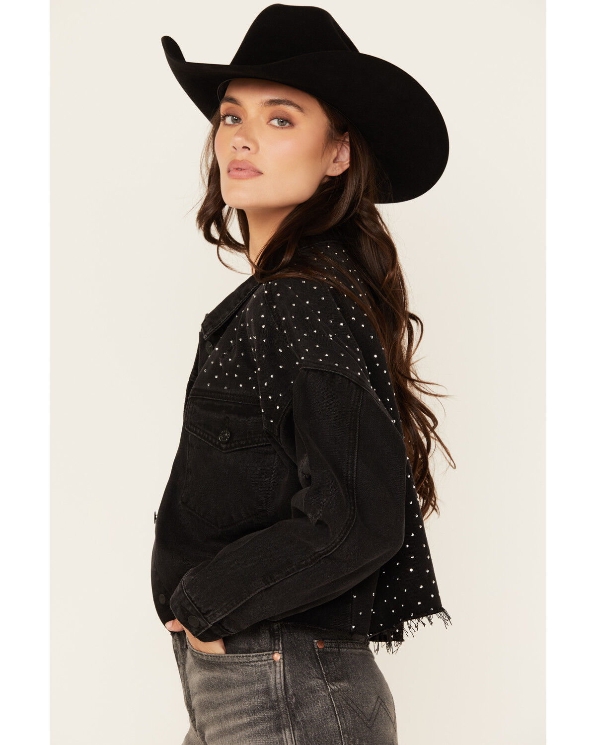 Blue B Women's Rhinestone Studded Cropped Denim Jacket