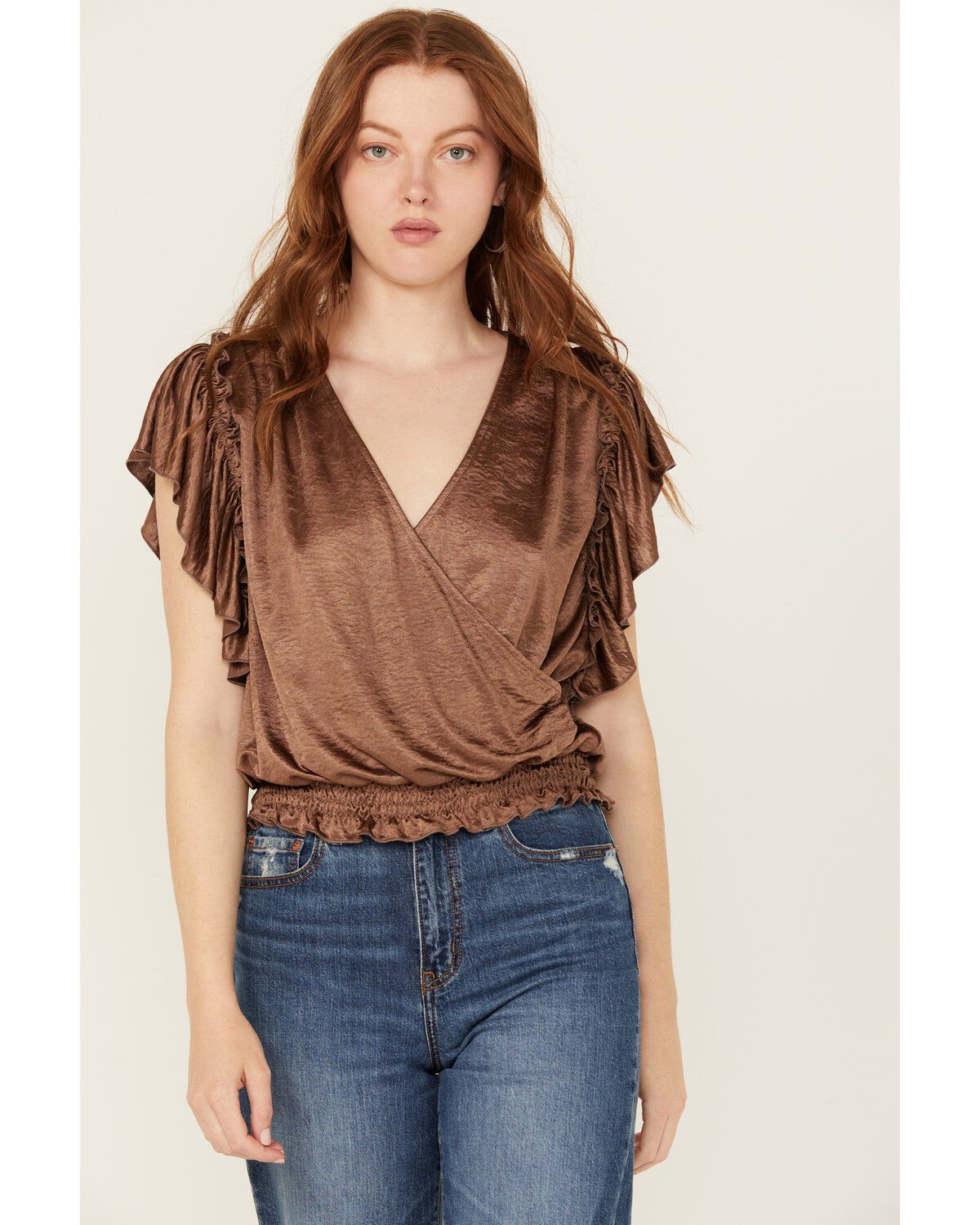 Wild Moss Women's Metallic Flutter Short Sleeve Top