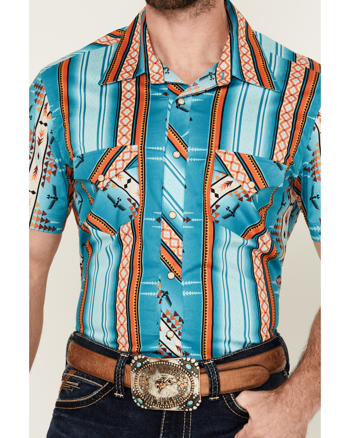Rock & Roll Denim Men's Southwestern Striped Short Sleeve Snap Stretch Western Shirt