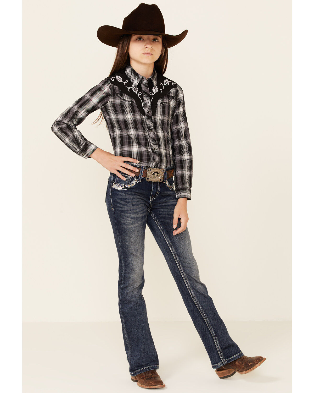 Roper Girls' Plaid Print Fancy Applique Yoke Long Sleeve Snap Western Shirt
