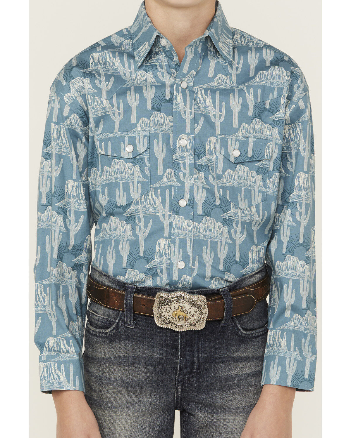 Rock & Roll Denim Boys' Cactus Print Long Sleeve Pearl Snap Stretch Western Shirt