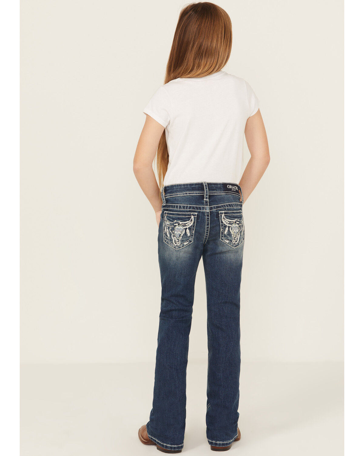 Grace in LA Girls' Dark Wash Steer Head Pocket Bootcut Denim Jeans