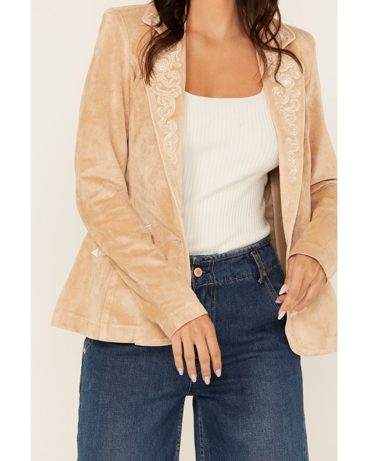 Panhandle Women's Faux Suede Floral Embroidered Blazer