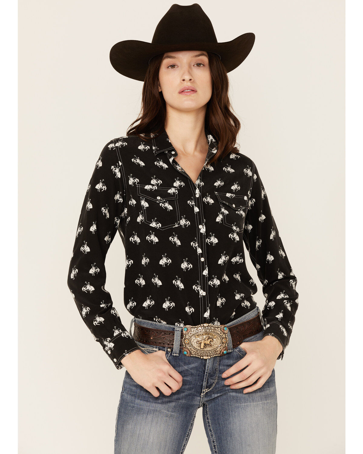 RRR Women's Bucking Horse Print Long Sleeve Snap Western Shirt