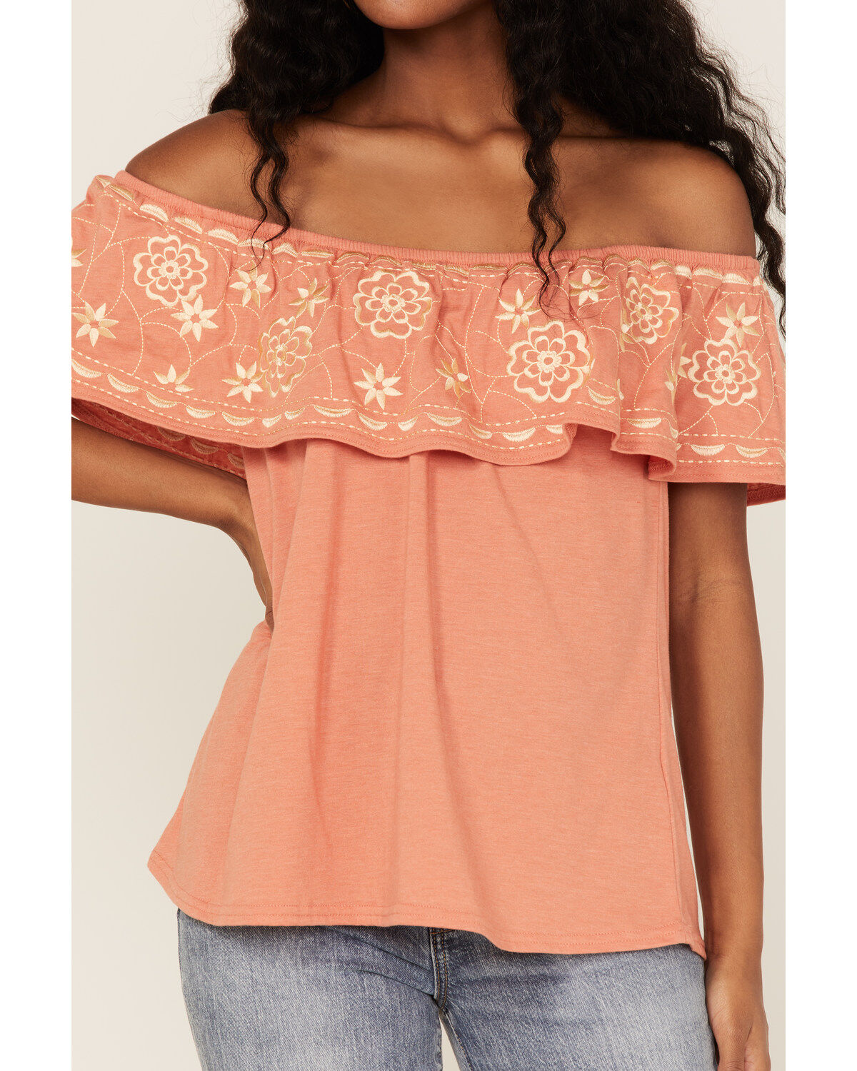 Panhandle Women's Embroidered Flounce Off Shoulder Top
