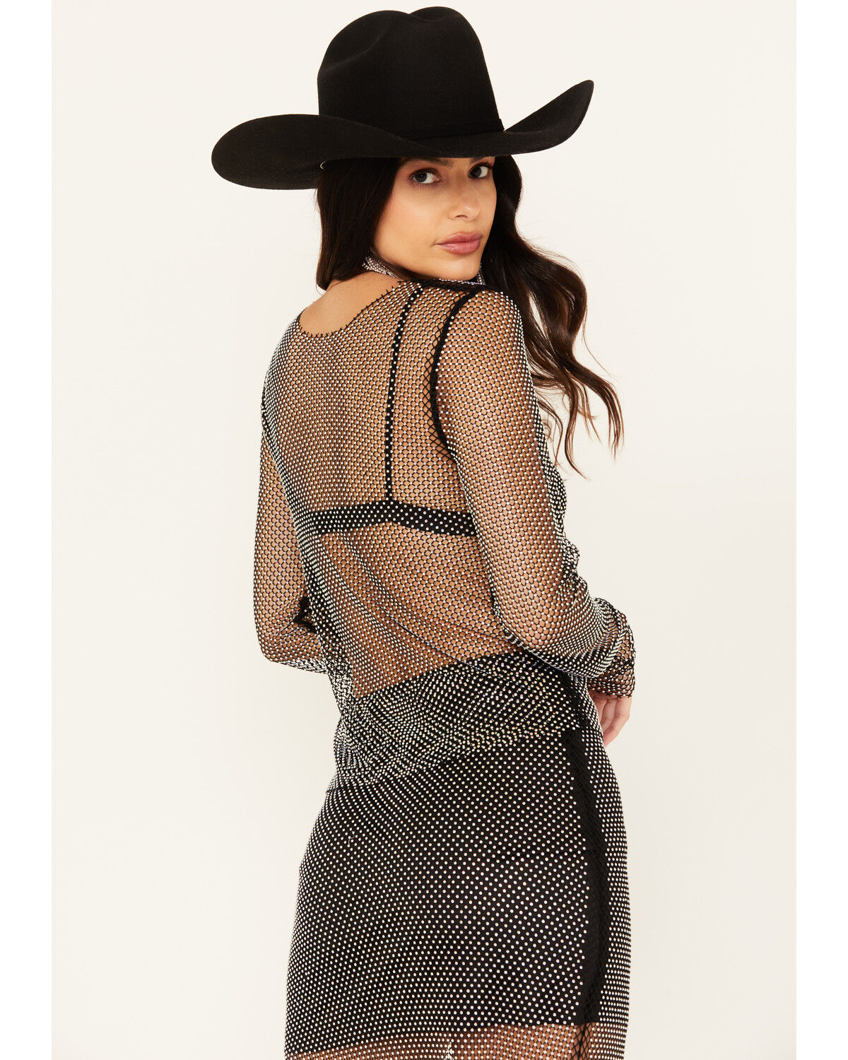 Rock & Roll Denim Women's Rhinestone Mesh Long Sleeve Top