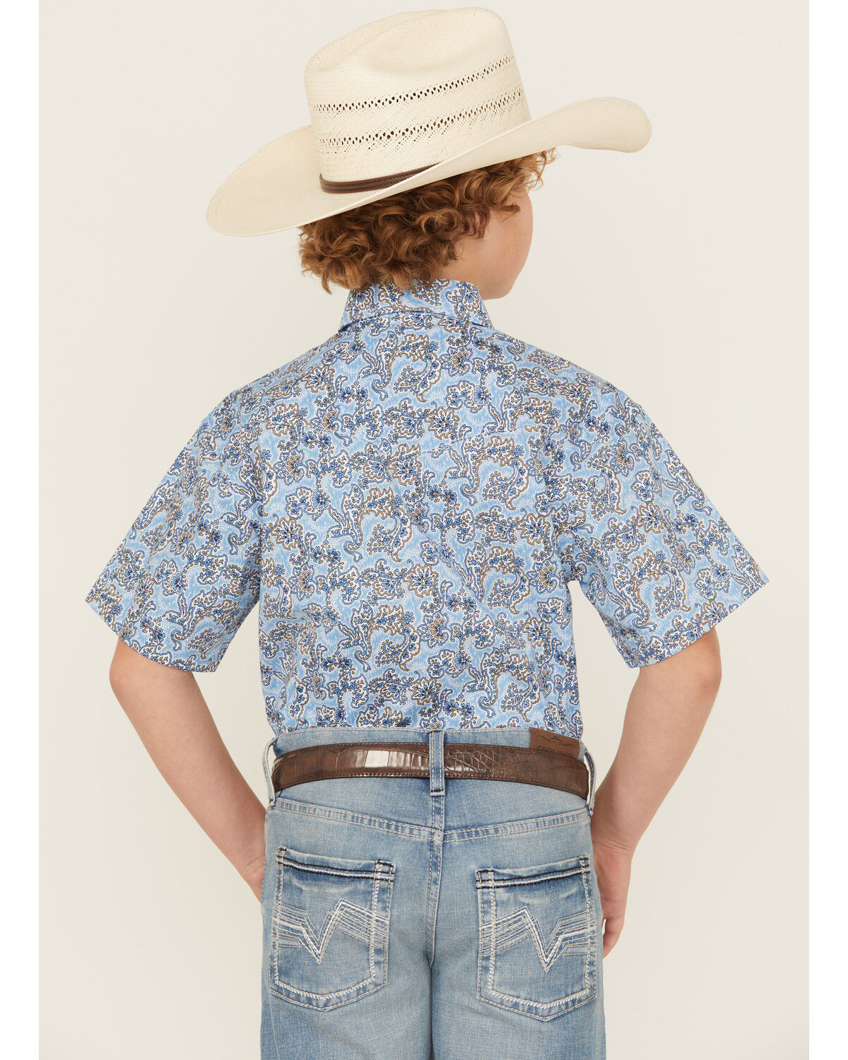 Rock & Roll Boys' Paisley Print Short Sleeve Pearl Snap Stretch Western Shirt