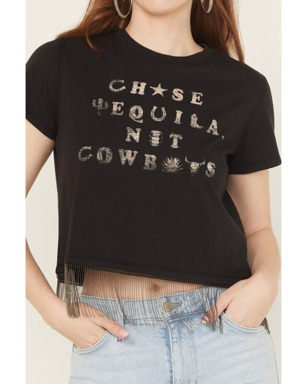 Idyllwind Women's Chase Tequila Ball Chain Fringe Short Sleeve Cropped Graphic Tee