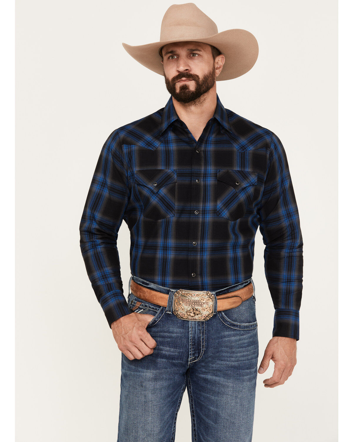 Ely Walker Men's Plaid Print Long Sleeve Snap Western Shirt