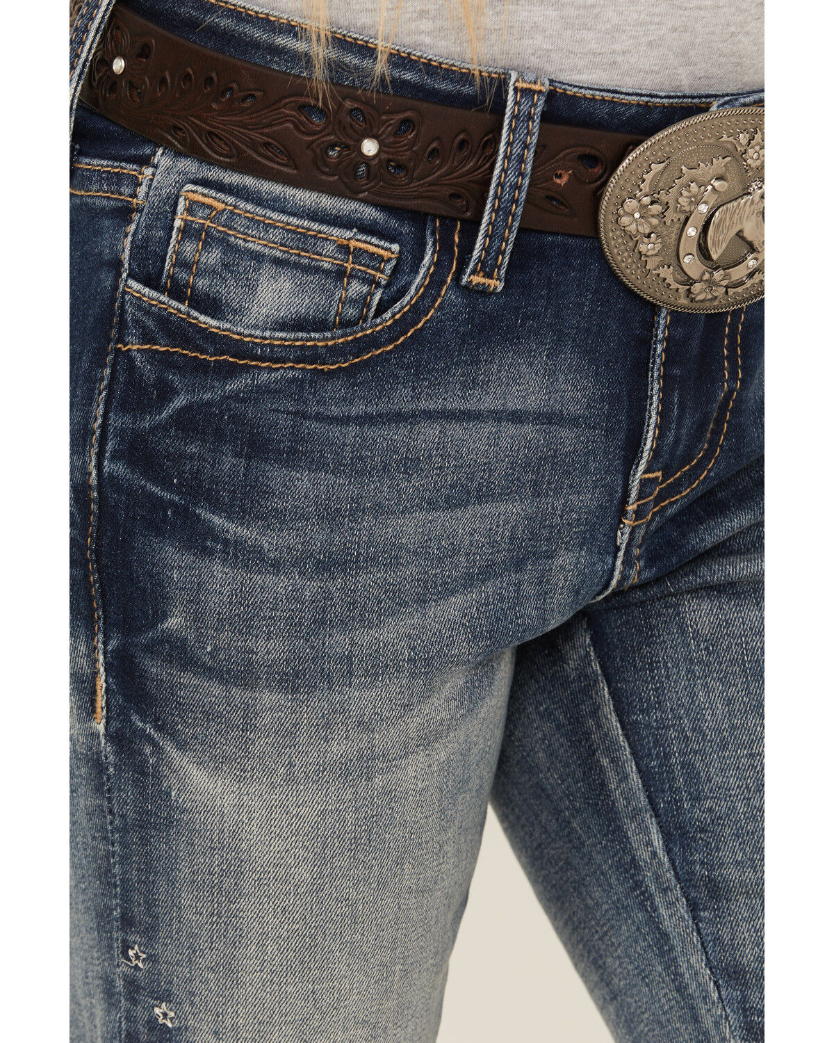 Grace In LA Girls' Light Wash Floral Embroidered Flare Stretch Denim Jeans