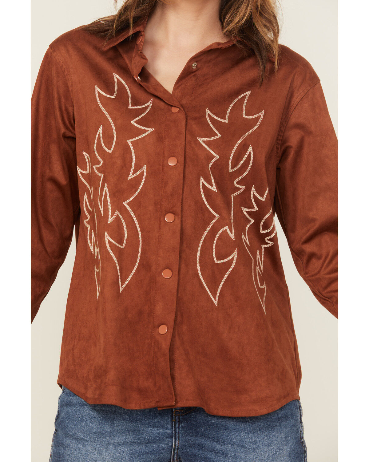 Blue B Women's Western Embroidered Faux Suede Long Sleeve Snap Shirt