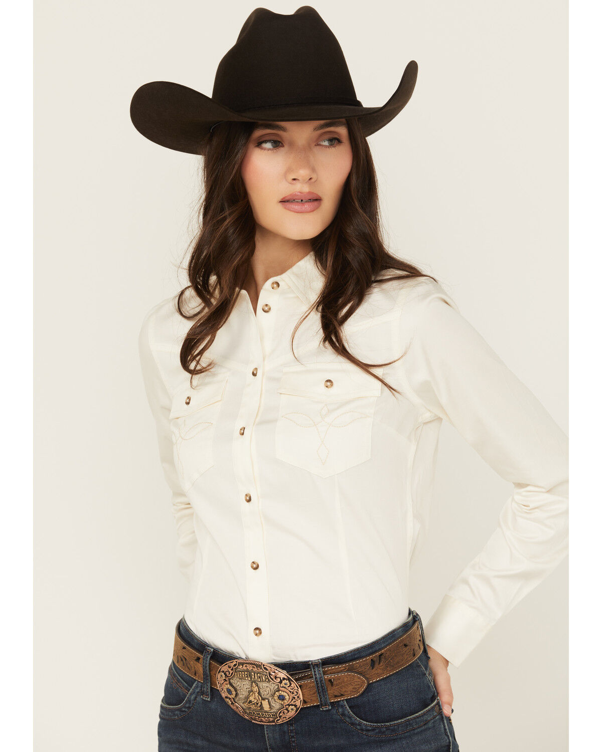 Shyanne Women's Poplin Embroidered Long Sleeve Button-Down Stretch Western Shirt