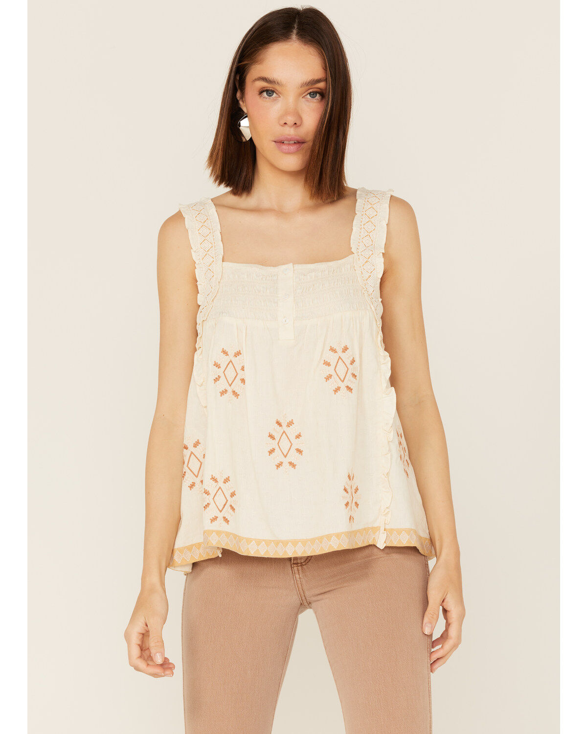 Miss Me Women's Southwestern Embroidered Ruffle Tank Top