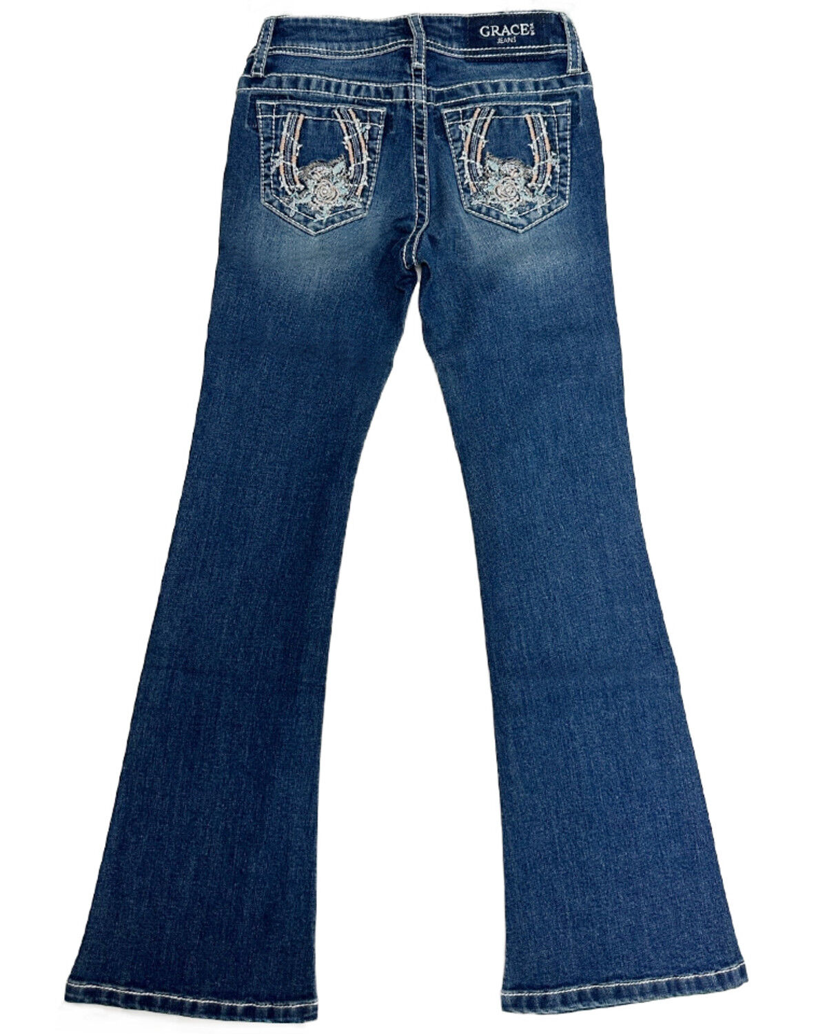 Grace in LA Girls' Dark Wash Floral Horseshoe Pocket Bootcut Stretch Denim Jeans