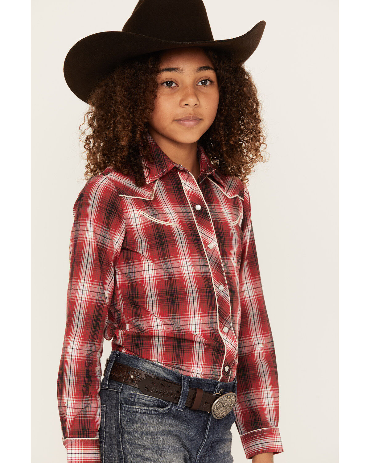 Roper Girls' Plaid Print Long Sleeve Pearl Snap Western Shirt