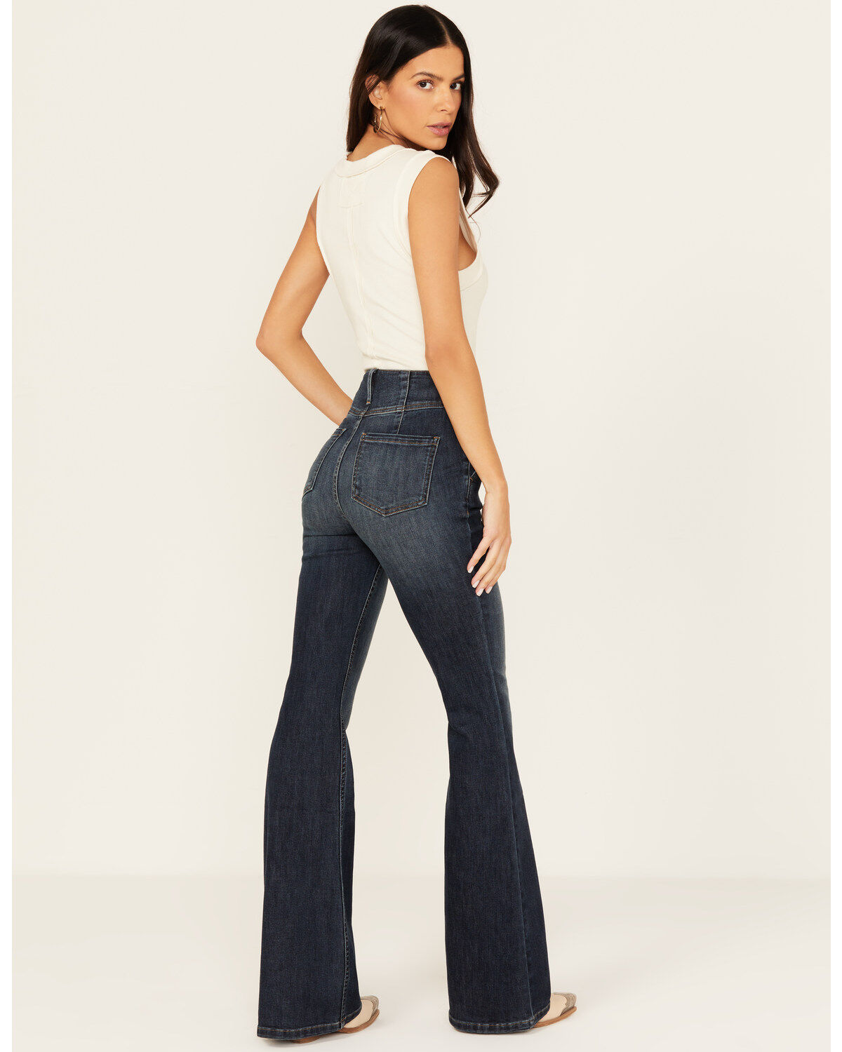 Shyanne Women's Bellflower Dark Wash Darted Waist Comfort Stretch Flare Jeans