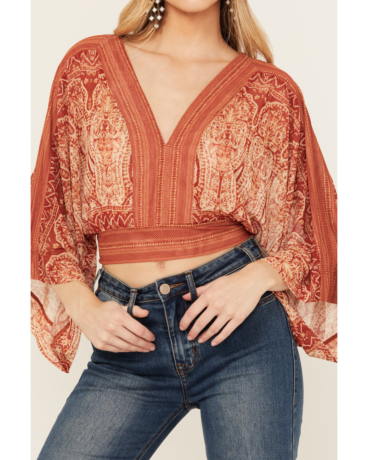 Beyond The Radar Women's Mesh Printed Long Sleeve Crop Top