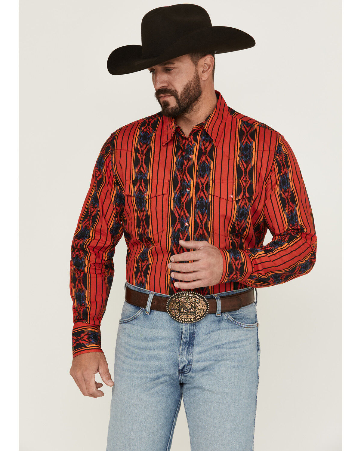 Wrangler Men's Checotah Southwestern Striped Print Long Sleeve Pearl Snap Western Shirt