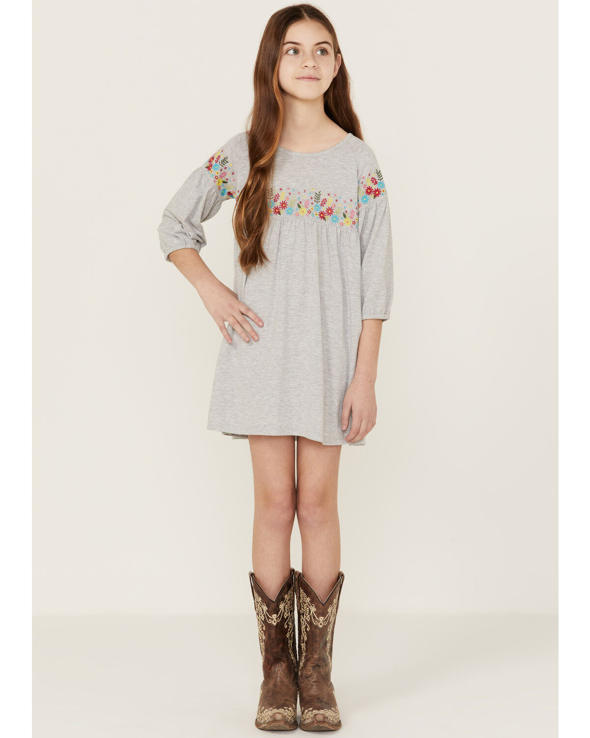 Roper Girls' Cotton Millenge Empire 3/4 Sleeve Mini Dress