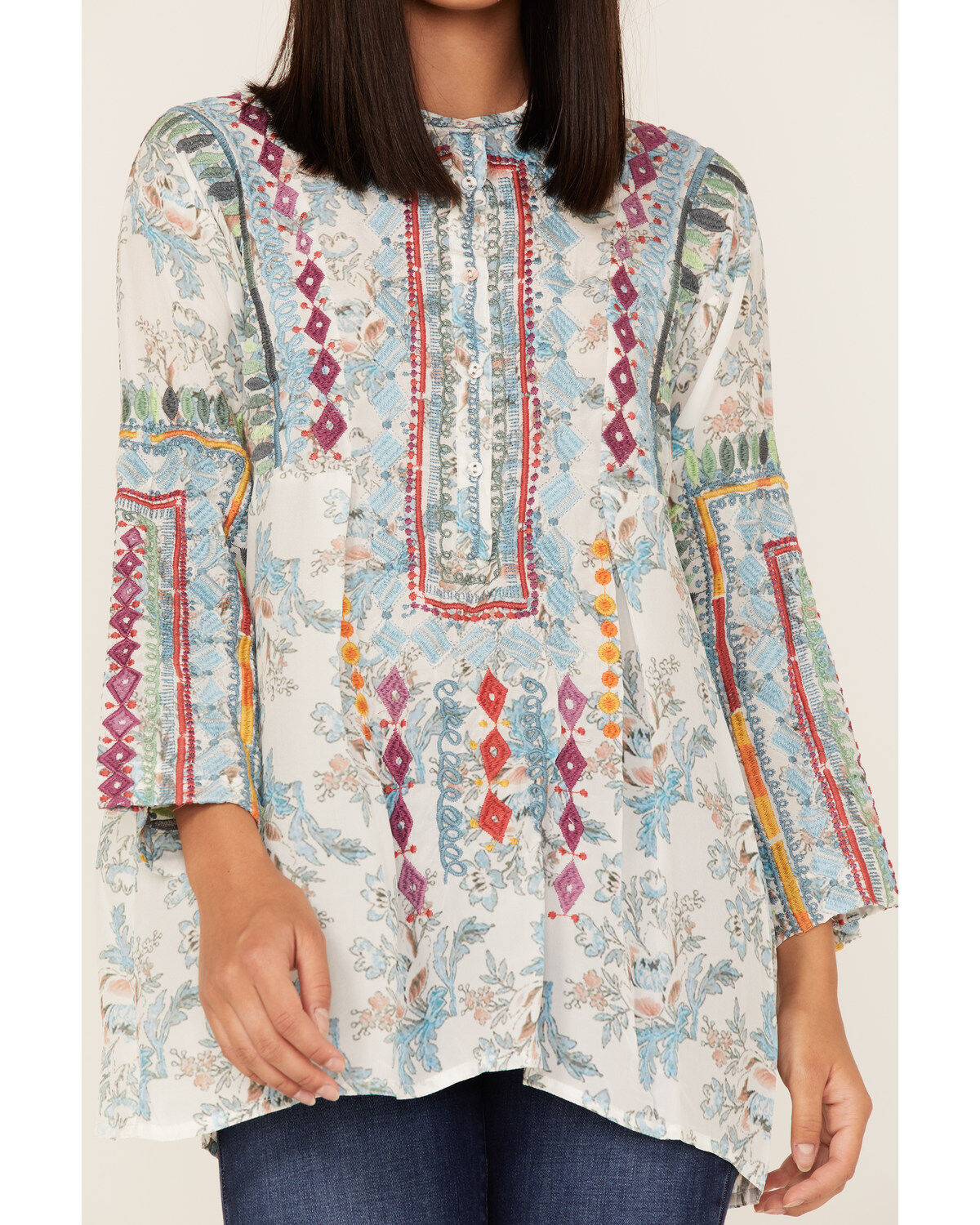 Johnny Was Women's Isla Embroidered Floral Print Tunic Blouse